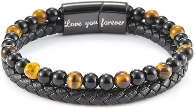 DivaGlamz The Guardian - Son's Tiger Eye Protection Bracelet From Mom, Black Braided Leather natural stone Inspirational Bracelets Engraved Love You Forever Birthday Gift Jewelry - Image 3